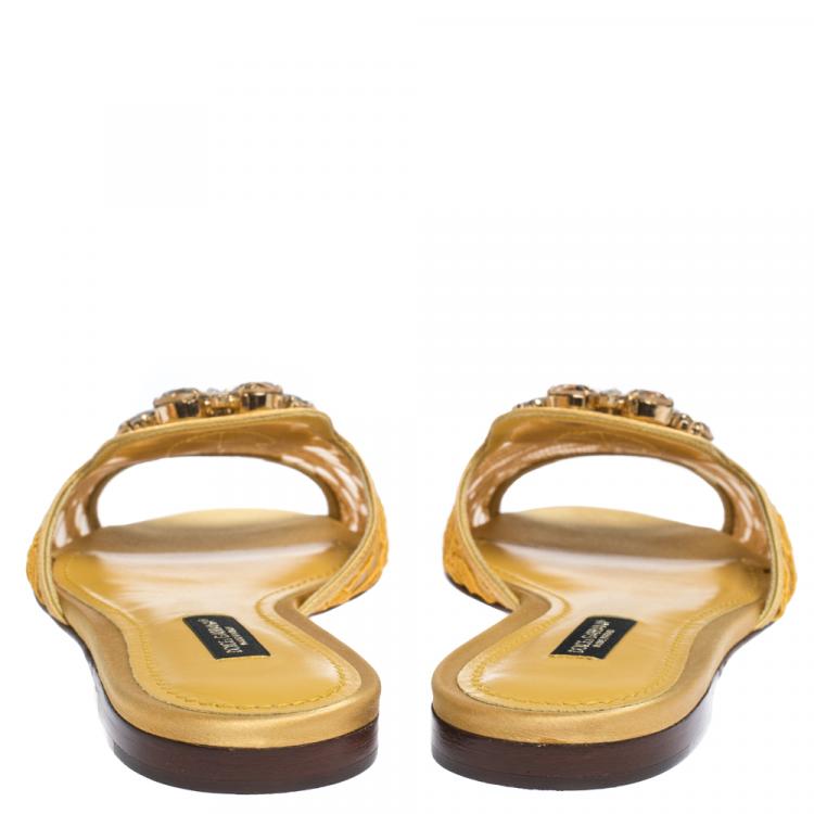 مملوكة مسبقًا Dolce & Gabbana Yellow Lace Jeweled Embellishment Flat Slides Size 38