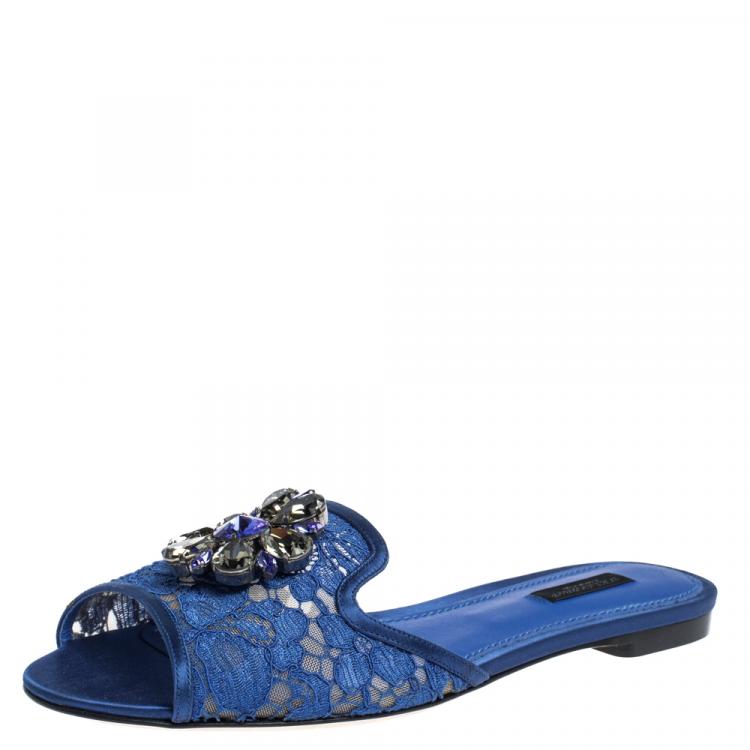 Pre Owned Dolce & Gabbana Blue Lace Jeweled Embellishment Flat Slides Size 40.5