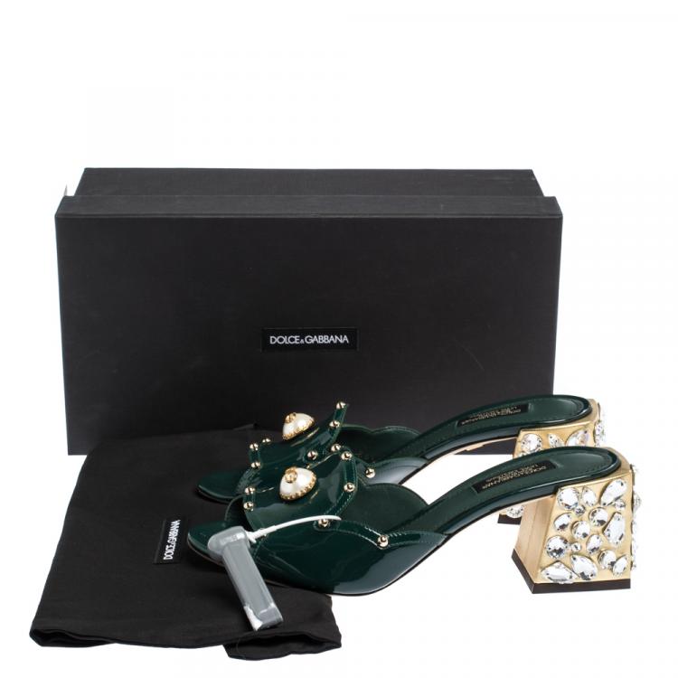 Pre Owned Dolce & Gabbana Green/Gold Patent Leather Crystal Embellishment Block Heel Mules Size 36.5