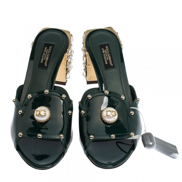 Pre Owned Dolce & Gabbana Green/Gold Patent Leather Crystal Embellishment Block Heel Mules Size 37
