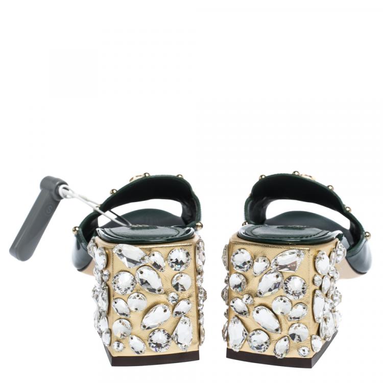 Pre Owned Dolce & Gabbana Green/Gold Patent Leather Crystal Embellishment Block Heel Mules Size 37