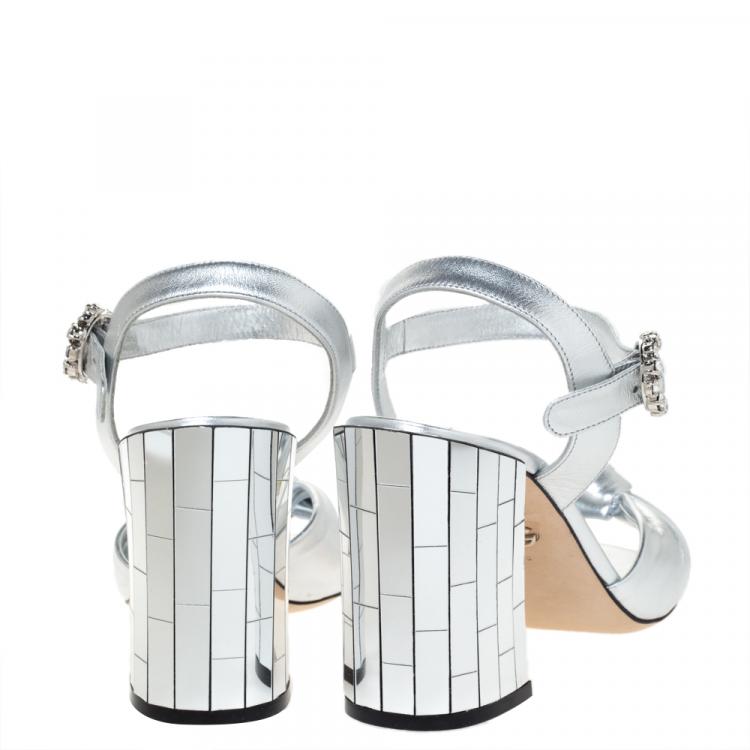 Pre Owned Dolce & Gabbana Silver Leather Knot Detail Ankle Strap Mirrored Block Heel Sandals Size 38