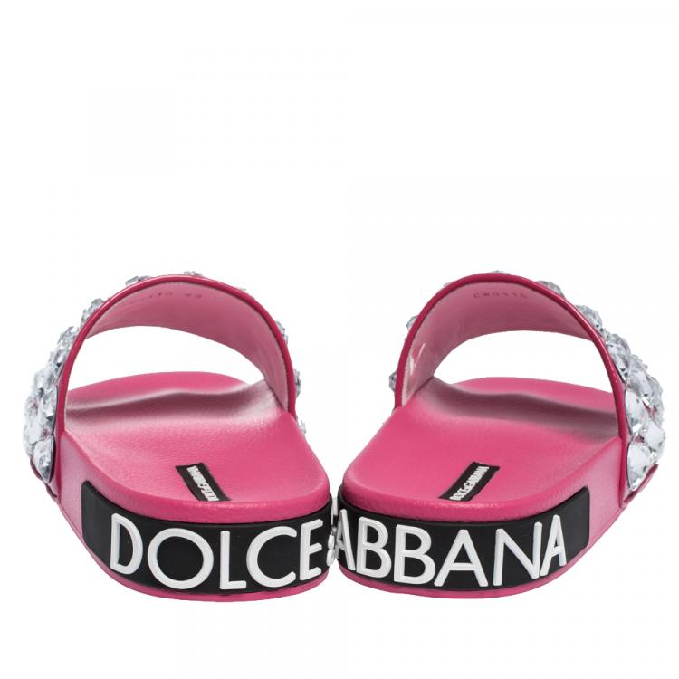 Pre Owned Dolce & Gabbana Fuchsia Leather Rhinestone Embellishment Slides Size 40