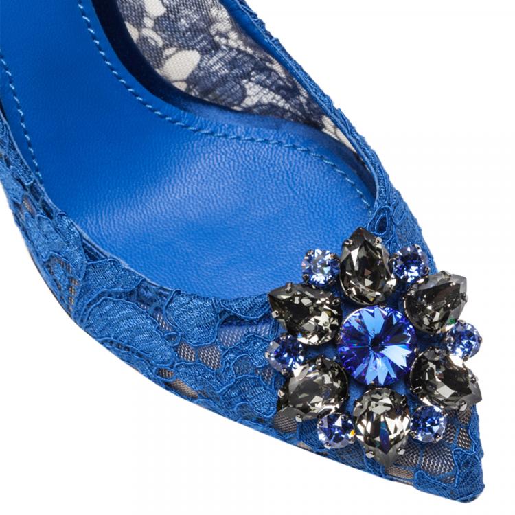 Pre Owned Dolce & Gabbana Blue Lace Jeweled Embellishment Pointed Toe Pumps Size 41