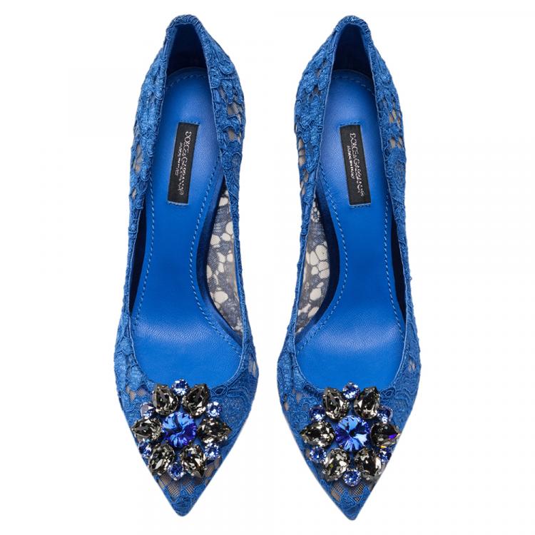 Pre Owned Dolce & Gabbana Blue Lace Jeweled Embellishment Pointed Toe Pumps Size 41