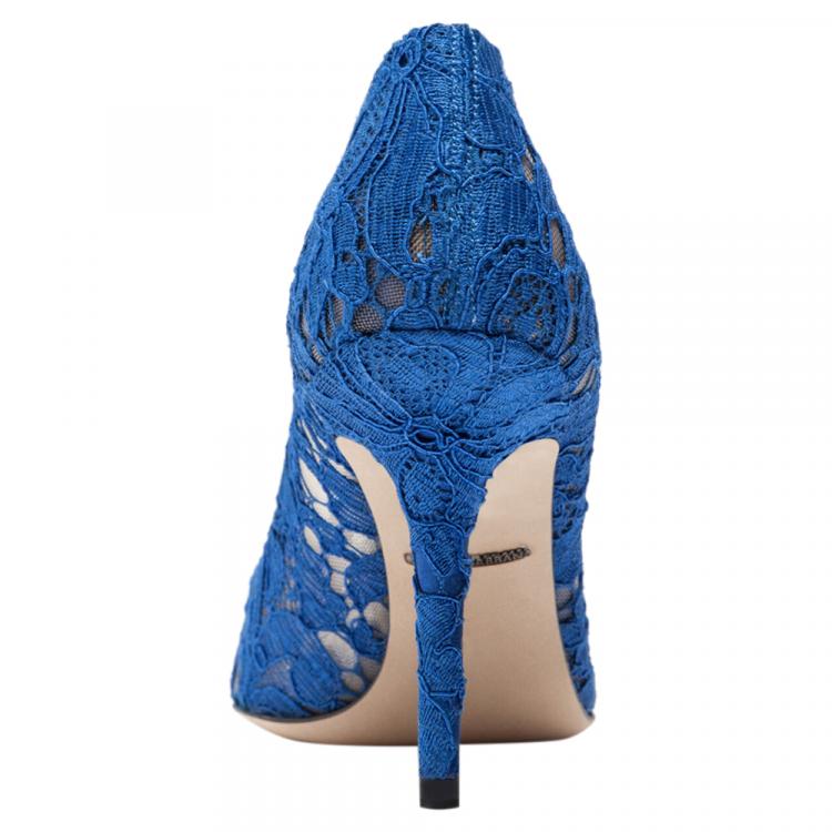 Pre Owned Dolce & Gabbana Blue Lace Jeweled Embellishment Pointed Toe Pumps Size 41