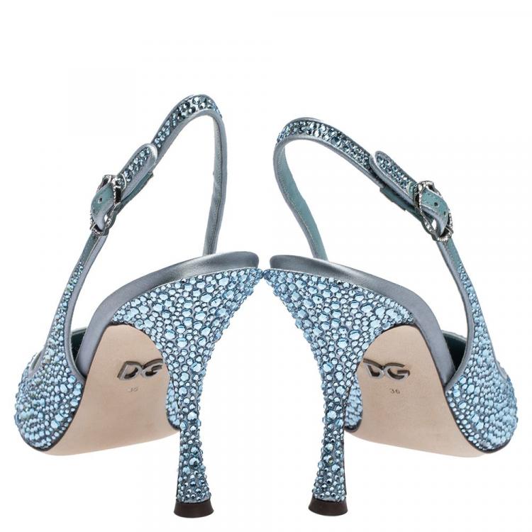 Pre Owned Dolce & Gabbana Light Blue Satin Crystals Slingback Pointed Toe Pumps Size 38