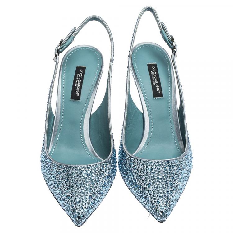 Pre Owned Dolce & Gabbana Light Blue Satin Crystals Slingback Pointed Toe Pumps Size 38