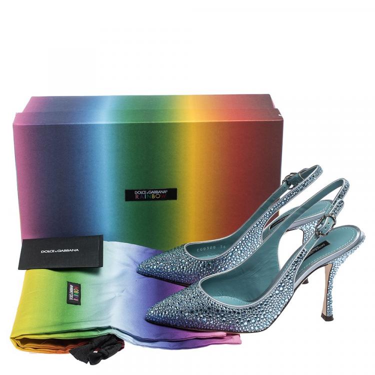 Pre Owned Dolce & Gabbana Light Blue Satin Crystals Slingback Pointed Toe Pumps Size 38