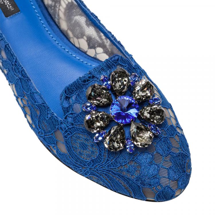 Pre Owned Dolce & Gabbana Blue Lace Jeweled Embellishment Ballet Flats Size 40