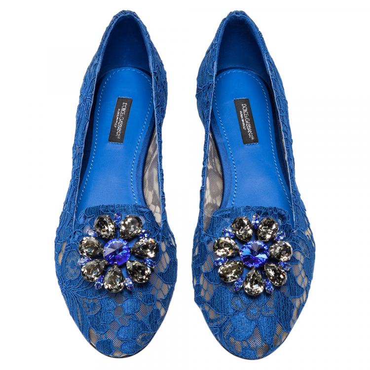 Pre Owned Dolce & Gabbana Blue Lace Jeweled Embellishment Ballet Flats Size 40