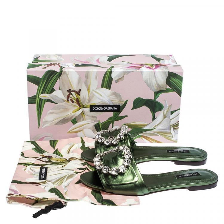 Pre Owned Dolce & Gabbana Green Leather Jeweled Embellished Flat Slides Size 41