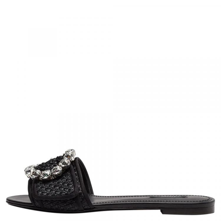 Pre Owned Dolce & Gabbana Black Woven Raffia Jeweled Embellished Flat Slides Size 38