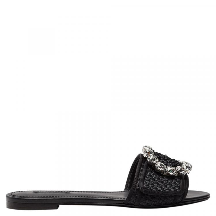 Dolce & Gabbana Black Woven Raffia Jeweled Embellished Flat Slides Size ...