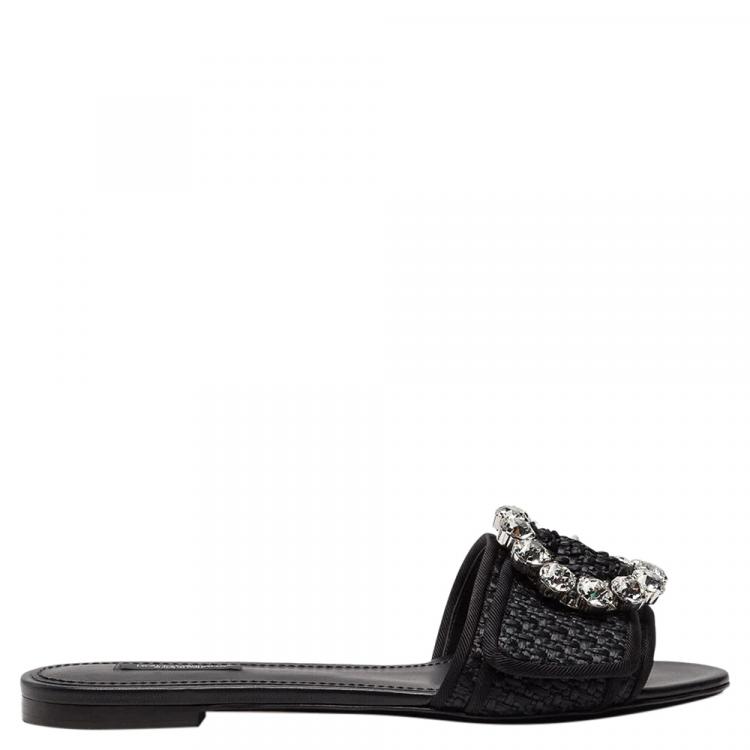 Pre Owned Dolce & Gabbana Black Woven Raffia Jeweled Embellished Flat Slides Size 38