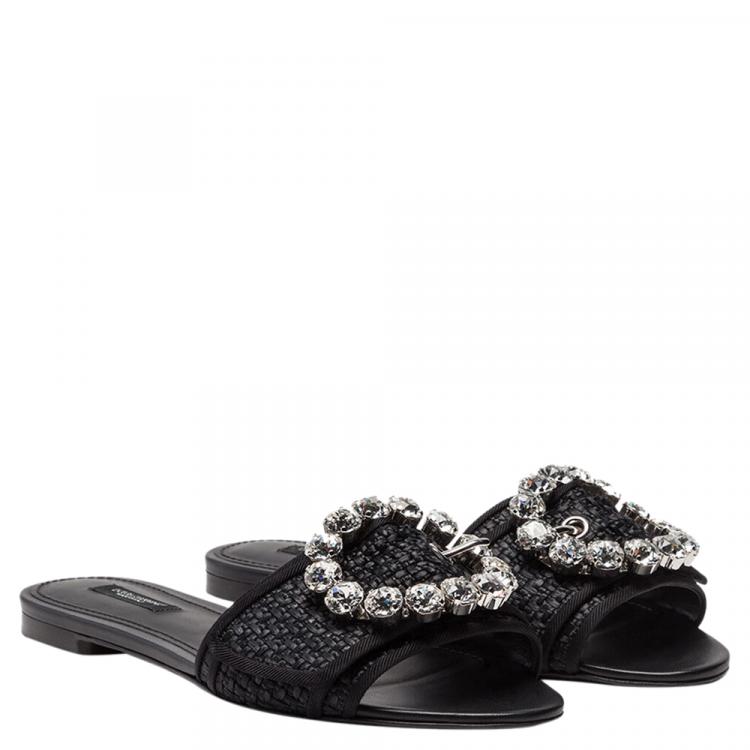 Pre Owned Dolce & Gabbana Black Woven Raffia Jeweled Embellished Flat Slides Size 38