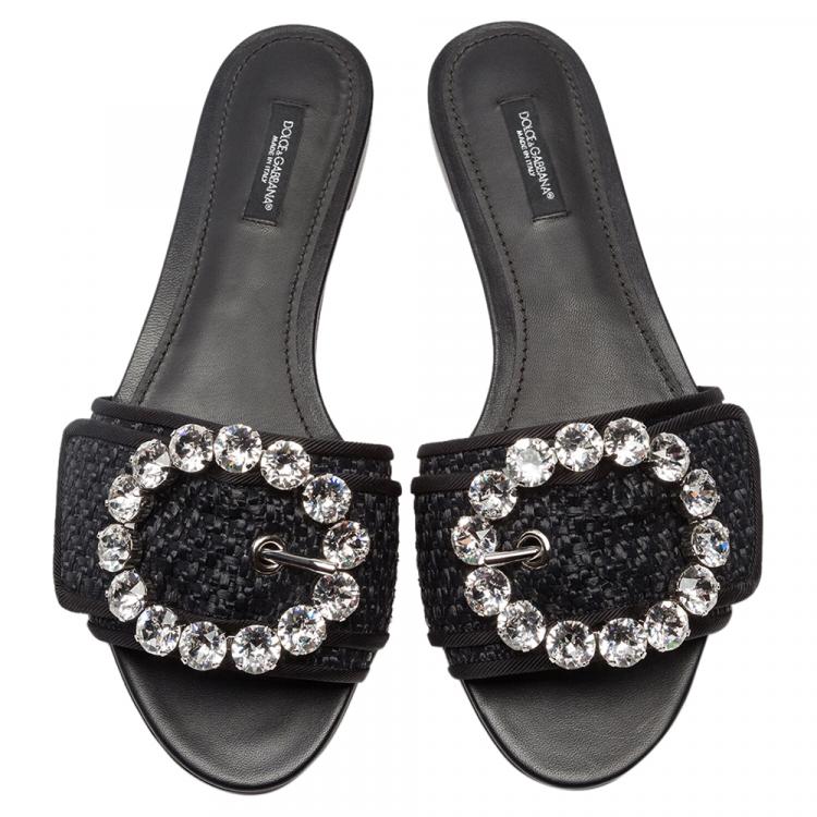 Pre Owned Dolce & Gabbana Black Woven Raffia Jeweled Embellished Flat Slides Size 38