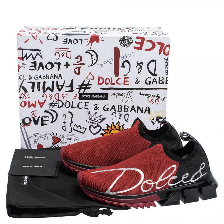 Pre Owned Dolce & Gabbana Red/Black Stretch Jersey Logo Print Slip On Sneakers Size 38.5