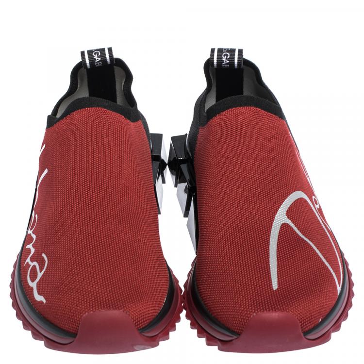 Pre Owned Dolce & Gabbana Red/Black Stretch Jersey Logo Print Slip On Sneakers Size 38.5
