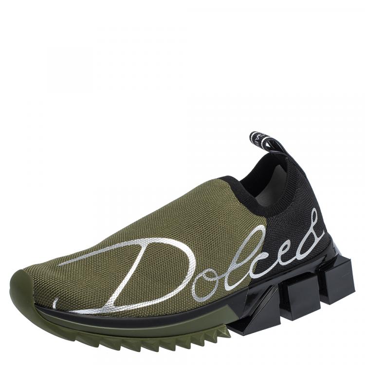 Pre Owned Dolce & Gabbana Military Green/Black Stretch Jersey Logo Print Slip On Sneakers Size 36