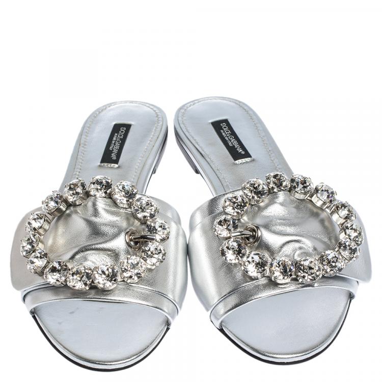 Pre Owned Dolce & Gabbana Silver Leather Jeweled Embellished Flat Slides Size 39