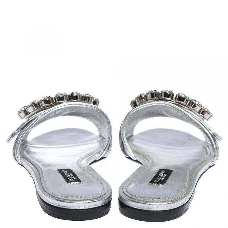 Pre Owned Dolce & Gabbana Silver Leather Jeweled Embellished Flat Slides Size 39