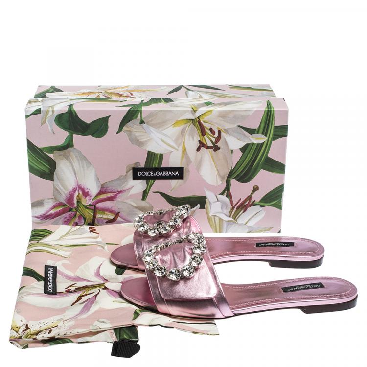 Pre Owned Dolce & Gabbana Pink Leather Jeweled Embellished Flat Slides Size 38