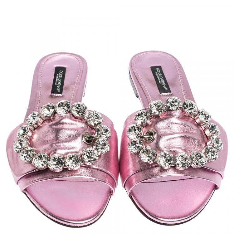Pre Owned Dolce & Gabbana Pink Leather Jeweled Embellished Flat Slides Size 38
