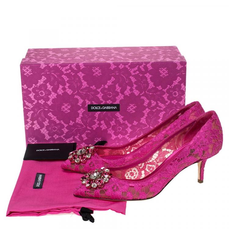 Pre Owned Dolce & Gabbana Fuchsia Lace Jeweled Embellishment Pointed Toe Pumps Size 39