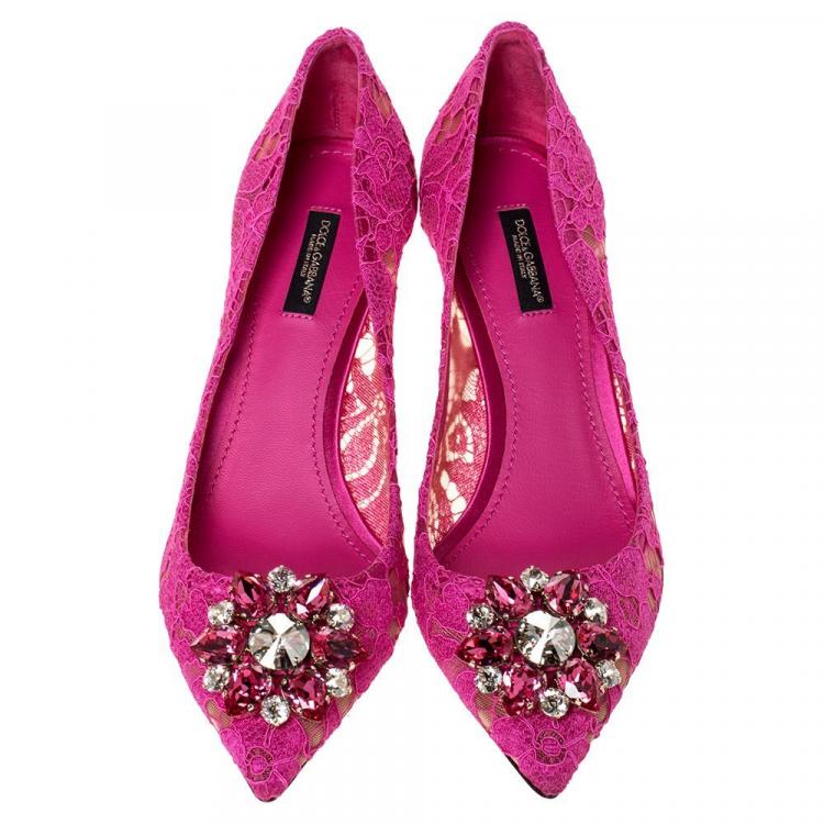 Pre Owned Dolce & Gabbana Fuchsia Lace Jeweled Embellishment Pointed Toe Pumps Size 39