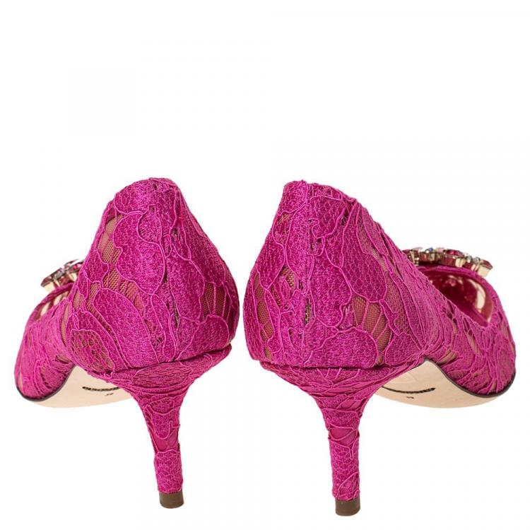 Pre Owned Dolce & Gabbana Fuchsia Lace Jeweled Embellishment Pointed Toe Pumps Size 39
