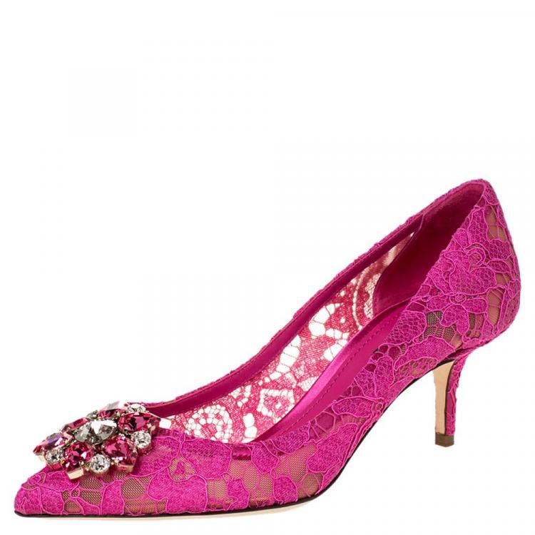 Pre Owned Dolce & Gabbana Fuchsia Lace Jeweled Embellishment Pointed Toe Pumps Size 37