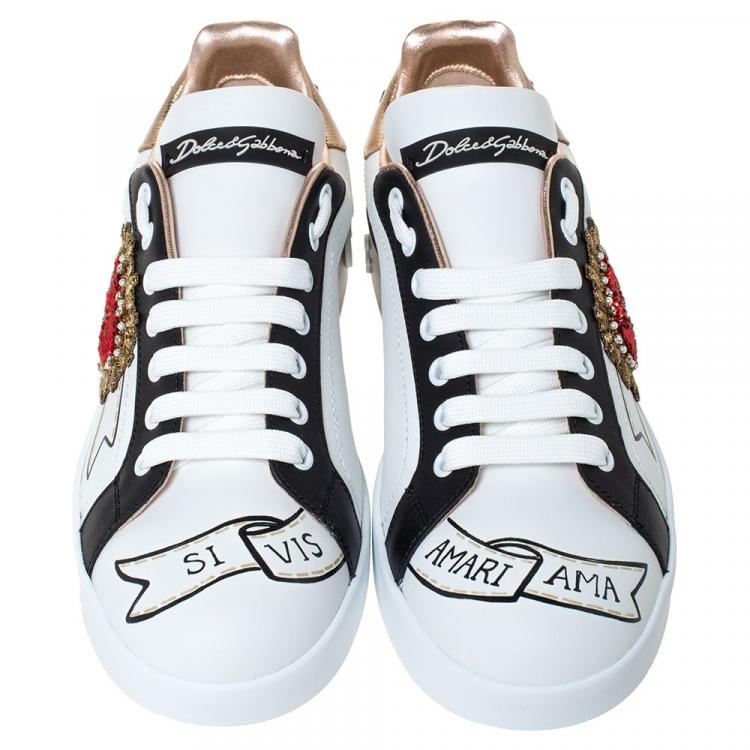 Pre Owned Dolce & Gabbana White Leather Logo Embellished Lace Up Sneakers Size 42