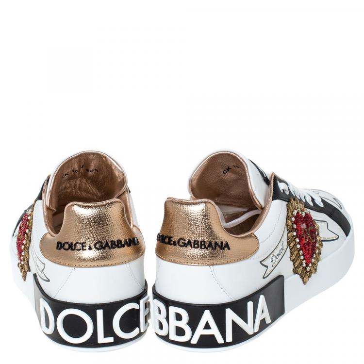 Pre Owned Dolce & Gabbana White Leather Logo Embellished Lace Up Sneakers Size 42