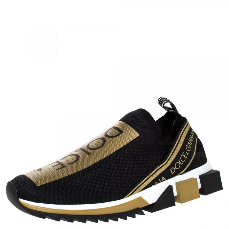 Pre Owned Dolce & Gabbana Black/Gold Stretch Jersey Logo Print Slip On Sneakers Size 40.5