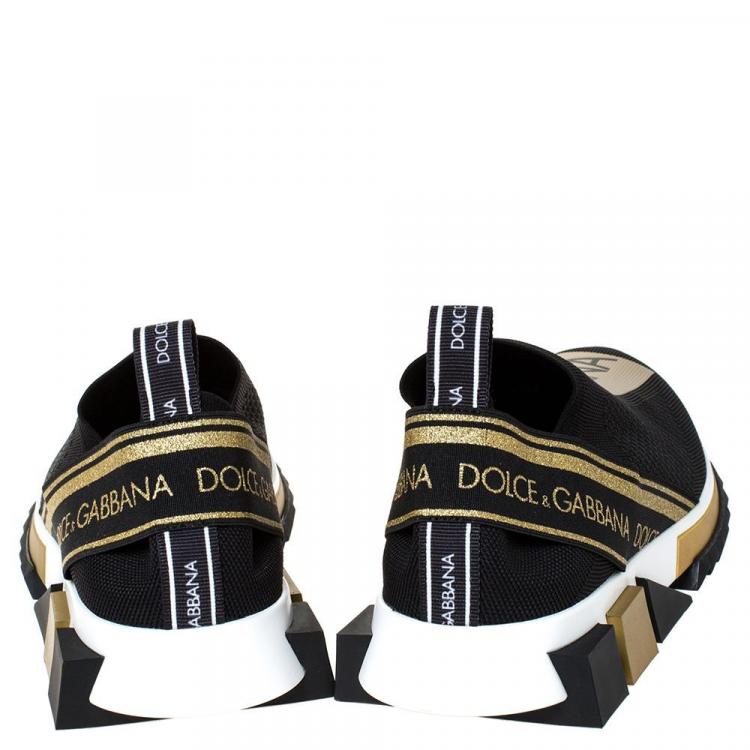 Pre Owned Dolce & Gabbana Black/Gold Stretch Jersey Logo Print Slip On Sneakers Size 40.5