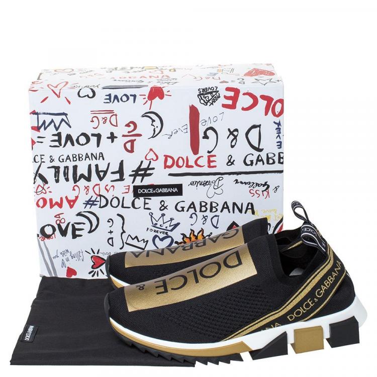 Pre Owned Dolce & Gabbana Black/Gold Stretch Jersey Logo Print Slip On Sneakers Size 40.5