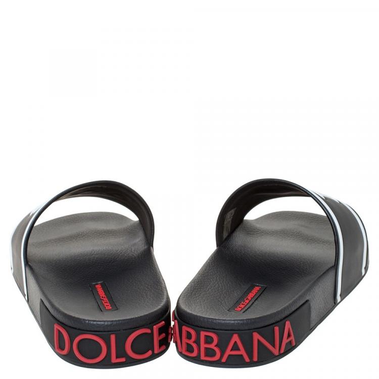 Pre Owned Dolce & Gabbana Black Leather and Rubber Slides Size 40