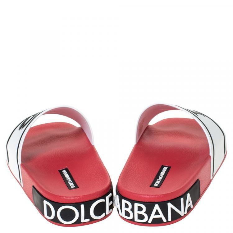 Pre Owned Dolce & Gabbana Red/White Leather and Rubber Slides Size 40