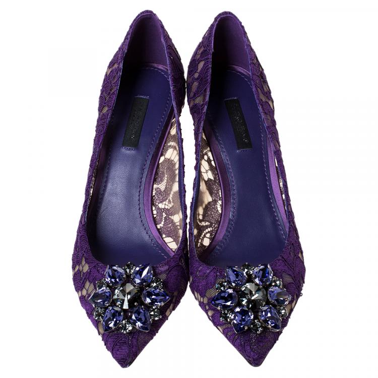 Pre Owned Dolce & Gabbana Purple Lace Jeweled Embellishment Pointed Toe Pumps Size 38