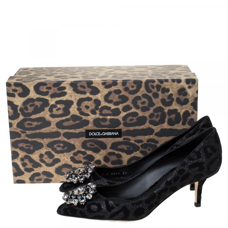 Pre Owned Dolce & Gabbana Black/Grey Leopard Pattern Jeweled Embellishment Pointed Toe Pumps Size 37