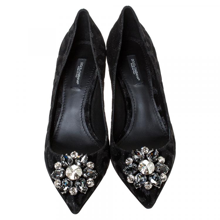 Pre Owned Dolce & Gabbana Black/Grey Leopard Pattern Jeweled Embellishment Pointed Toe Pumps Size 37
