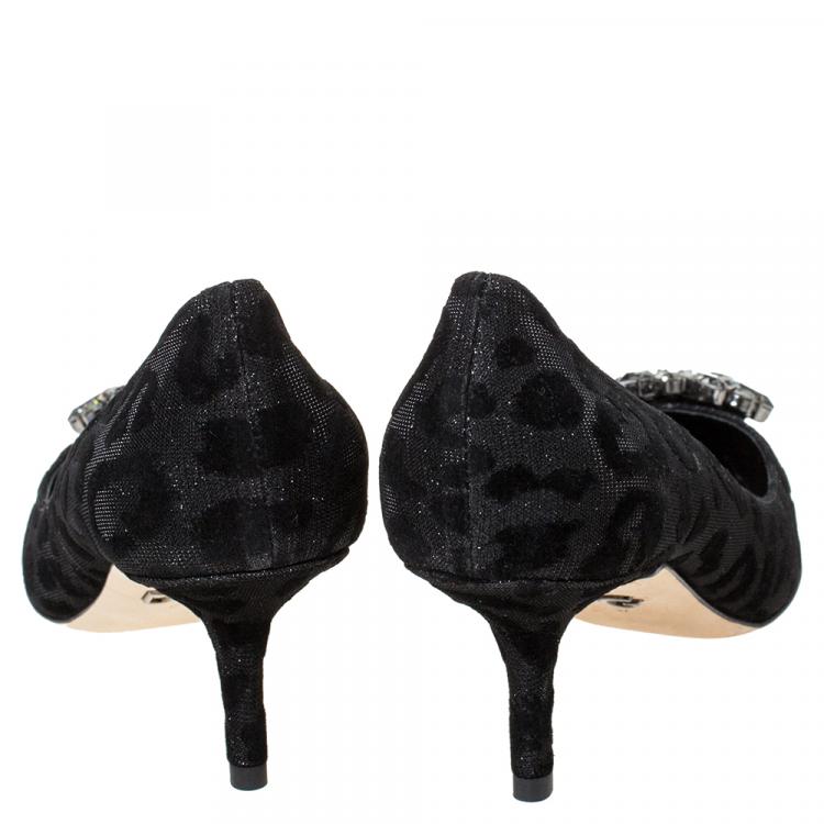 Pre Owned Dolce & Gabbana Black/Grey Leopard Pattern Jeweled Embellishment Pointed Toe Pumps Size 37