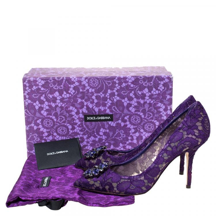 Pre Owned Dolce & Gabbana Purple Lace Jeweled Embellishment Pointed Toe Pumps Size 40