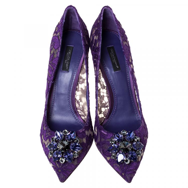 Pre Owned Dolce & Gabbana Purple Lace Jeweled Embellishment Pointed Toe Pumps Size 40