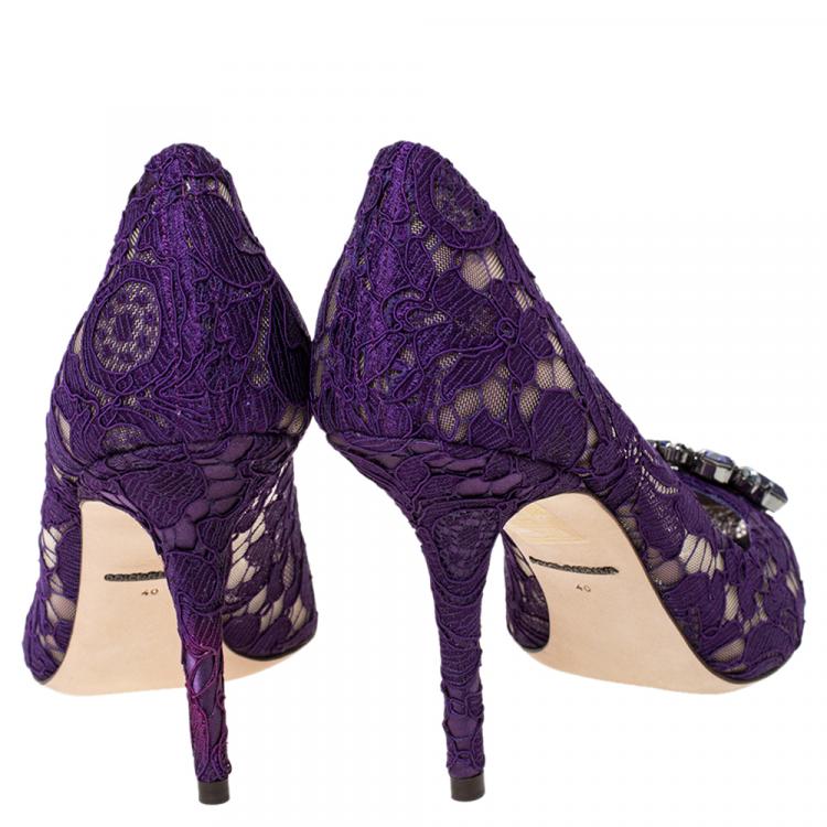 Pre Owned Dolce & Gabbana Purple Lace Jeweled Embellishment Pointed Toe Pumps Size 40