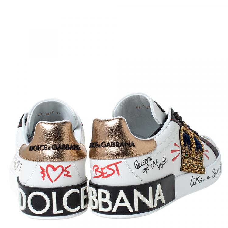 Pre Owned Dolce & Gabbana White Leather Crown Patch Lace Up Sneakers Size 41