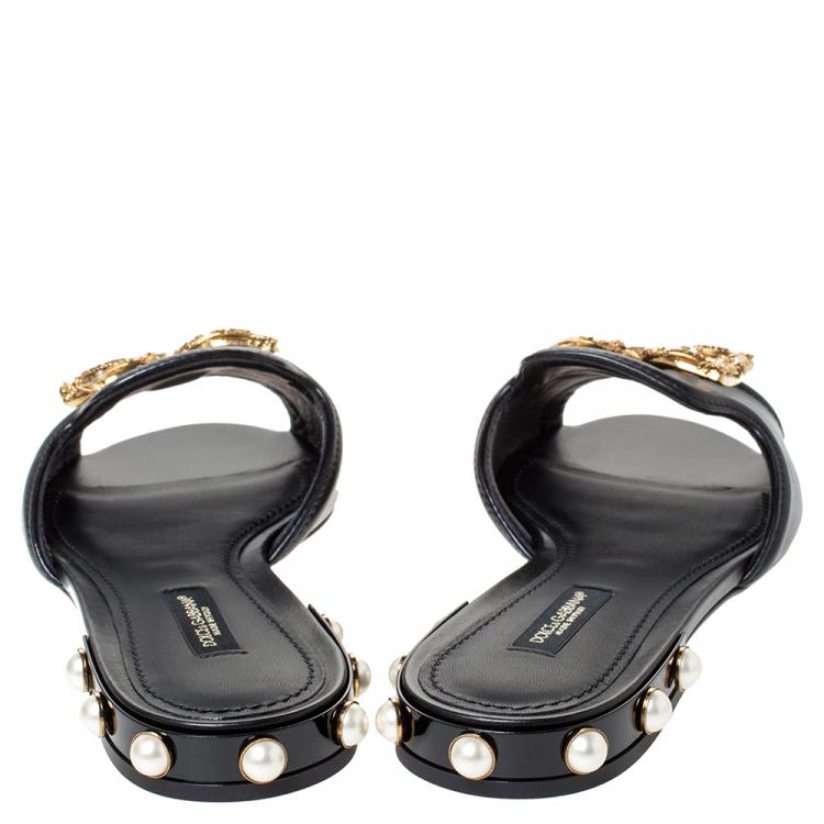 Pre Owned Dolce & Gabbana Black Leather DG Amore Flat Slides Size 36