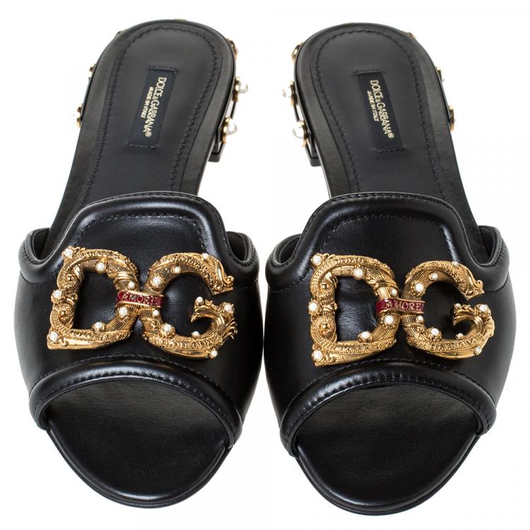 Pre Owned Dolce & Gabbana Black Leather DG Amore Flat Slides Size 36