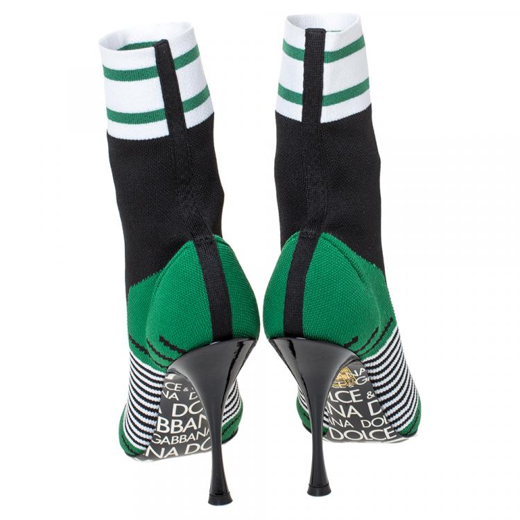 Pre Owned Dolce & Gabbana Green/Black Stretch Knit Logo Sock Ankle Boots Size 37